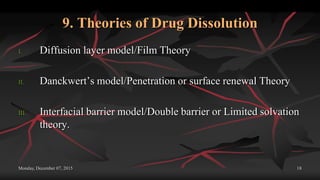 9. Theories of Drug Dissolution
I. Diffusion layer model/Film Theory
II. Danckwert’s model/Penetration or surface renewal Theory
III. Interfacial barrier model/Double barrier or Limited solvation
theory.
Monday, December 07, 2015 18
 
