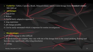 Monday, December 07, 2015 75
 Useful for: Tablets, Capsules, Beads, Delayed release, enteric coated dosage forms Standard volume:
900/1000 ml
 Advantages
1. Easy to use
2. Robust
3. Can be easily adapted to apparatus 5
4. long experience
5. pH change possible
6. Can be easily automated which is important for routine investigations.
 Disadvantages
1. pH/media change is often difficult
2. Hydrodynamics are complex, they vary with site of the dosage form in the vessel (sticking, floating) and
therefore may significantly affect drug dissolution
3. Coning.
 