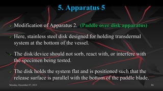5. Apparatus 5
 Modification of Apparatus 2. (Paddle over disk apparatus)
 Here, stainless steel disk designed for holding transdermal
system at the bottom of the vessel.
 The disk/device should not sorb, react with, or interfere with
the specimen being tested.
 The disk holds the system flat and is positioned such that the
release surface is parallel with the bottom of the paddle blade.
Monday, December 07, 2015 86
 
