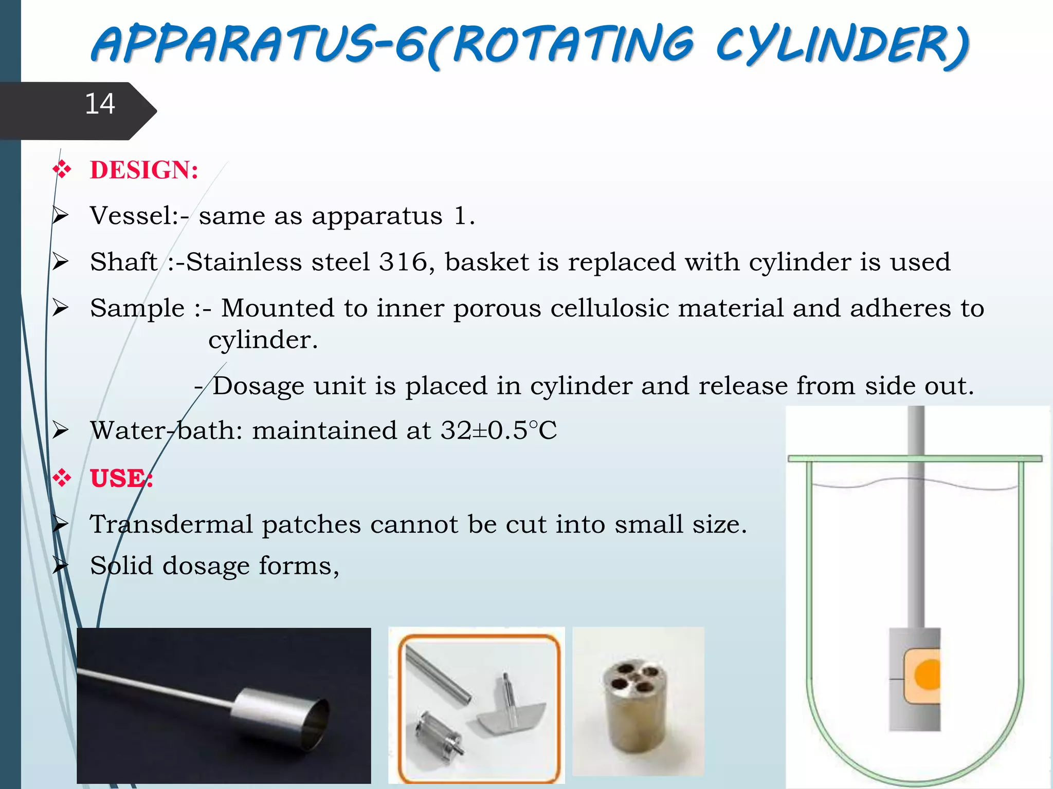 APPARATUS-6(ROTATING CYLINDER)
 DESIGN:
 Vessel:- same as apparatus 1.
 Shaft :-Stainless steel 316, basket is replaced with cylinder is used
 Sample :- Mounted to inner porous cellulosic material and adheres to
cylinder.
- Dosage unit is placed in cylinder and release from side out.
 Water-bath: maintained at 32±0.5°C
 USE:
 Transdermal patches cannot be cut into small size.
 Solid dosage forms,
14
 