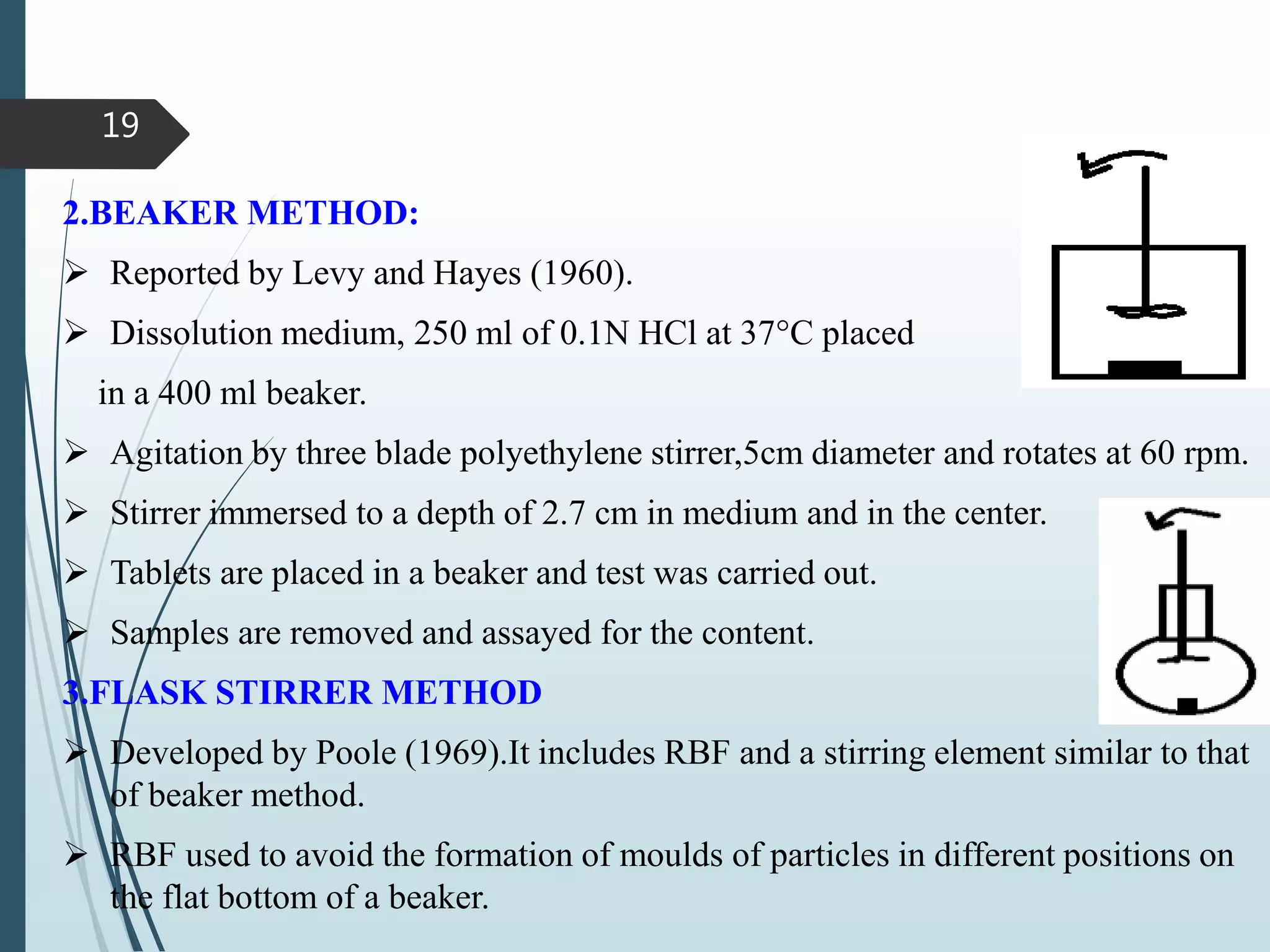2.BEAKER METHOD:
 Reported by Levy and Hayes (1960).
 Dissolution medium, 250 ml of 0.1N HCl at 37°C placed
in a 400 ml beaker.
 Agitation by three blade polyethylene stirrer,5cm diameter and rotates at 60 rpm.
 Stirrer immersed to a depth of 2.7 cm in medium and in the center.
 Tablets are placed in a beaker and test was carried out.
 Samples are removed and assayed for the content.
3.FLASK STIRRER METHOD
 Developed by Poole (1969).It includes RBF and a stirring element similar to that
of beaker method.
 RBF used to avoid the formation of moulds of particles in different positions on
the flat bottom of a beaker.
19
 