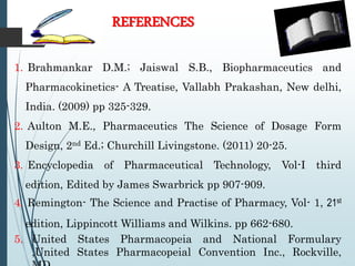 REFERENCES
25
1. Brahmankar D.M.; Jaiswal S.B., Biopharmaceutics and
Pharmacokinetics- A Treatise, Vallabh Prakashan, New delhi,
India. (2009) pp 325-329.
2. Aulton M.E., Pharmaceutics The Science of Dosage Form
Design, 2nd Ed.; Churchill Livingstone. (2011) 20-25.
3. Encyclopedia of Pharmaceutical Technology, Vol-I third
edition, Edited by James Swarbrick pp 907-909.
4. Remington- The Science and Practise of Pharmacy, Vol- 1, 21st
edition, Lippincott Williams and Wilkins. pp 662-680.
5. United States Pharmacopeia and National Formulary
,United States Pharmacopeial Convention Inc., Rockville,
 