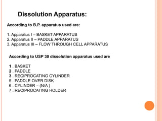 Dissolution Apparatus:
According to B.P. apparatus used are:
1. Apparatus I – BASKET APPARATUS
2. Apparatus II – PADDLE APPARATUS
3. Apparatus III – FLOW THROUGH CELL APPARATUS
According to USP 30 dissolution apparatus used are
1 . BASKET
2 . PADDLE
3 . RECIPROCATING CYLINDER
5 . PADDLE OVER DISK
6 . CYLINDER – (N/A )
7 . RECIPROCATING HOLDER
 