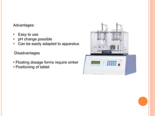 Advantages:
• Easy to use
• pH change possible
• Can be easily adapted to apparatus
Disadvantages
• Floating dosage forms require sinker
• Positioning of tablet
 
