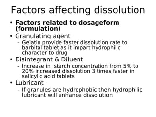 Factors affecting dissolution
• Factors related to dosageform
(formulation)
• Granulating agent
– Gelatin provide faster dissolution rate to
barbital tablet as it impart hydrophilic
character to drug
• Disintegrant & Diluent
– Increase in starch concentration from 5% to
20% increased dissolution 3 times faster in
salicylic acid tablets
• Lubricant
– If granules are hydrophobic then hydrophilic
lubricant will enhance dissolution
 