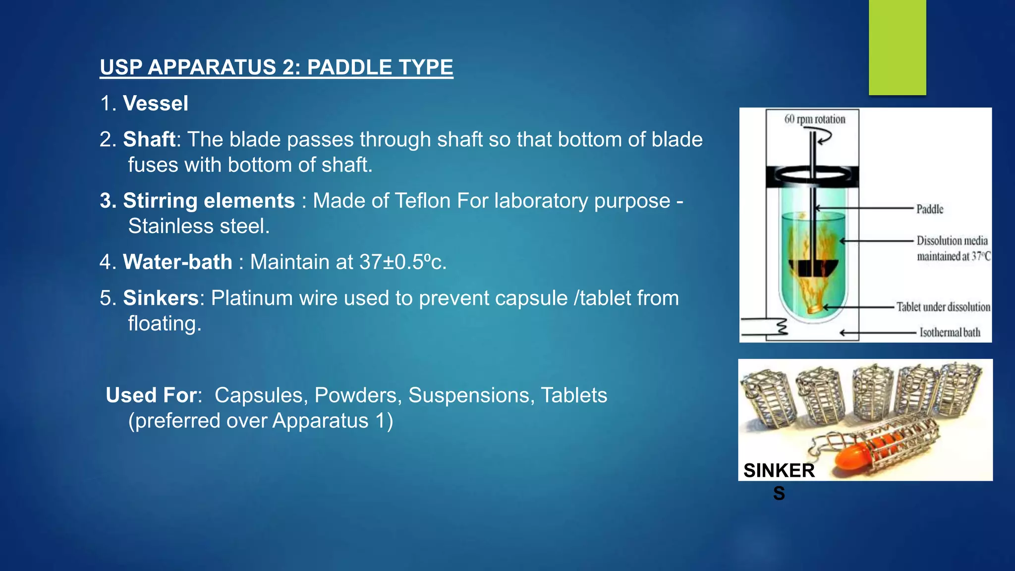 USP APPARATUS 2: PADDLE TYPE
1. Vessel
2. Shaft: The blade passes through shaft so that bottom of blade
fuses with bottom of shaft.
3. Stirring elements : Made of Teflon For laboratory purpose -
Stainless steel.
4. Water-bath : Maintain at 37±0.5⁰c.
5. Sinkers: Platinum wire used to prevent capsule /tablet from
floating.
Used For: Capsules, Powders, Suspensions, Tablets
(preferred over Apparatus 1)
SINKER
S
 