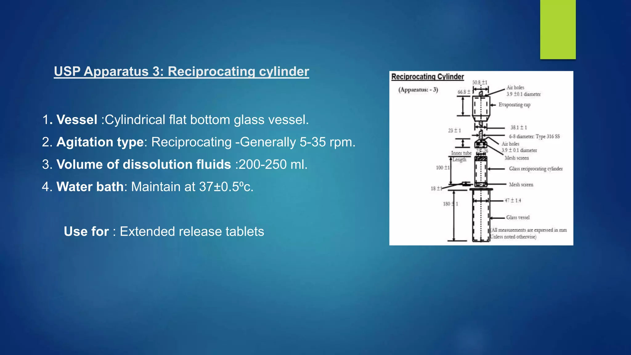 USP Apparatus 3: Reciprocating cylinder
1. Vessel :Cylindrical flat bottom glass vessel.
2. Agitation type: Reciprocating -Generally 5-35 rpm.
3. Volume of dissolution fluids :200-250 ml.
4. Water bath: Maintain at 37±0.5⁰c.
Use for : Extended release tablets
 