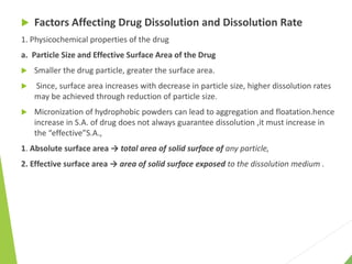  Factors Affecting Drug Dissolution and Dissolution Rate
1. Physicochemical properties of the drug
a. Particle Size and Effective Surface Area of the Drug
 Smaller the drug particle, greater the surface area.
 Since, surface area increases with decrease in particle size, higher dissolution rates
may be achieved through reduction of particle size.
 Micronization of hydrophobic powders can lead to aggregation and floatation.hence
increase in S.A. of drug does not always guarantee dissolution ,it must increase in
the “effective”S.A.,
1. Absolute surface area → total area of solid surface of any particle,
2. Effective surface area → area of solid surface exposed to the dissolution medium .
 