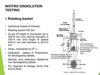 INVITRO DISSOLUTION
TESTING
1. Rotating basket
 Cylindrical basket of 22mesh.
 Rotating speed-100 rpm.
 As per IP height of dissolution jar is
168+8 mm and internal diameter is
102+4 mm and height of basket
36.8+3 mm and diameter is 25.4+3
mm
 Temp. maintained at 37 ̇ c
 Calibration tablets of Prednisone-
for disintegrating tablets.
 Salicylic acid calibration tablets-for
non disintegrating tablets.
 For capsules & dosage forms that
tend to float.
 