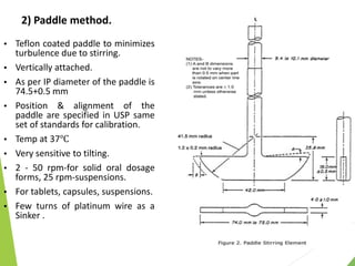 2) Paddle method.
 Teflon coated paddle to minimizes
turbulence due to stirring.
 Vertically attached.
 As per IP diameter of the paddle is
74.5+0.5 mm
 Position & alignment of the
paddle are specified in USP same
set of standards for calibration.
 Temp at 37℃
 Very sensitive to tilting.
 2 - 50 rpm-for solid oral dosage
forms, 25 rpm-suspensions.
 For tablets, capsules, suspensions.
 Few turns of platinum wire as a
Sinker .
 