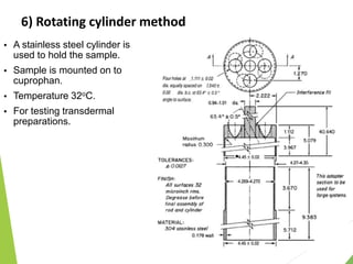 6) Rotating cylinder method
 A stainless steel cylinder is
used to hold the sample.
 Sample is mounted on to
cuprophan.
 Temperature 32oC.
 For testing transdermal
preparations.
 