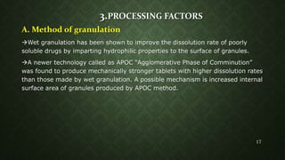3.PROCESSING FACTORS
A. Method of granulation
Wet granulation has been shown to improve the dissolution rate of poorly
soluble drugs by imparting hydrophilic properties to the surface of granules.
A newer technology called as APOC “Agglomerative Phase of Comminution”
was found to produce mechanically stronger tablets with higher dissolution rates
than those made by wet granulation. A possible mechanism is increased internal
surface area of granules produced by APOC method.
17
 