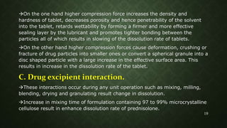 On the one hand higher compression force increases the density and
hardness of tablet, decreases porosity and hence penetrability of the solvent
into the tablet, retards wettability by forming a firmer and more effective
sealing layer by the lubricant and promotes tighter bonding between the
particles all of which results in slowing of the dissolution rate of tablets.
On the other hand higher compression forces cause deformation, crushing or
fracture of drug particles into smaller ones or convert a spherical granule into a
disc shaped particle with a large increase in the effective surface area. This
results in increase in the dissolution rate of the tablet.
C. Drug excipient interaction.
These interactions occur during any unit operation such as mixing, milling,
blending, drying and granulating result change in dissolution.
Increase in mixing time of formulation containing 97 to 99% microcrystalline
cellulose result in enhance dissolution rate of prednisolone.
19
 