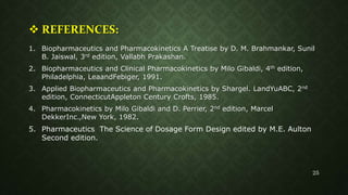  REFERENCES:
1. Biopharmaceutics and Pharmacokinetics A Treatise by D. M. Brahmankar, Sunil
B. Jaiswal, 3rd edition, Vallabh Prakashan.
2. Biopharmaceutics and Clinical Pharmacokinetics by Milo Gibaldi, 4th edition,
Philadelphia, LeaandFebiger, 1991.
3. Applied Biopharmaceutics and Pharmacokinetics by Shargel. LandYuABC, 2nd
edition, ConnecticutAppleton Century Crofts, 1985.
4. Pharmacokinetics by Milo Gibaldi and D. Perrier, 2nd edition, Marcel
DekkerInc.,New York, 1982.
5. Pharmaceutics The Science of Dosage Form Design edited by M.E. Aulton
Second edition.
25
 