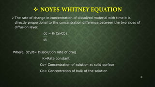  NOYES-WHITNEY EQUATION
The rate of change in concentration of dissolved material with time it is
directly proportional to the concentration difference between the two sides of
diffusion layer.
dc = K(Cs-Cb)
dt
Where, dcdt= Dissolution rate of drug
K=Rate constant
Cs= Concentration of solution at solid surface
Cb= Concentration of bulk of the solution
6
 