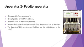Apparatus 2- Paddle apparatus
 The assembly from apparatus 1.
 Except paddle formed from a blade.
 a shaft is used as the stirring element
 The vertical center line of the blade is flush with the bottom of the shaft.
 The distance of 25±2 mm between the blade and the inside bottom of the
vessel.
 