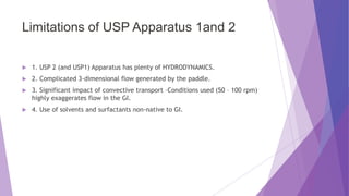 Limitations of USP Apparatus 1and 2
 1. USP 2 (and USP1) Apparatus has plenty of HYDRODYNAMICS.
 2. Complicated 3-dimensional flow generated by the paddle.
 3. Significant impact of convective transport –Conditions used (50 – 100 rpm)
highly exaggerates flow in the GI.
 4. Use of solvents and surfactants non-native to GI.
 