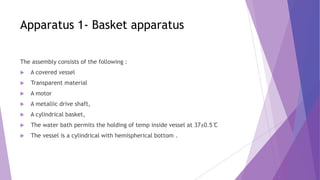 Apparatus 1- Basket apparatus
The assembly consists of the following :
 A covered vessel
 Transparent material
 A motor
 A metallic drive shaft,
 A cylindrical basket,
 The water bath permits the holding of temp inside vessel at 37±0.5 ̊C
 The vessel is a cylindrical with hemispherical bottom .
 