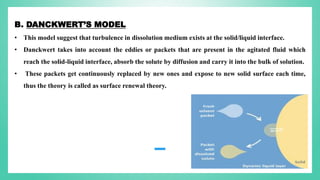B. DANCKWERT’S MODEL
• This model suggest that turbulence in dissolution medium exists at the solid/liquid interface.
• Danckwert takes into account the eddies or packets that are present in the agitated fluid which
reach the solid-liquid interface, absorb the solute by diffusion and carry it into the bulk of solution.
• These packets get continuously replaced by new ones and expose to new solid surface each time,
thus the theory is called as surface renewal theory.
 