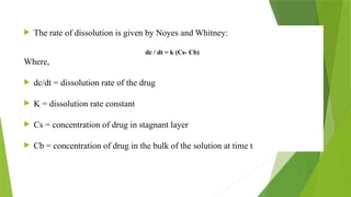  The rate of dissolution is given by Noyes and Whitney:
dc / dt = k (Cs- Cb)
Where,
 dc/dt = dissolution rate of the drug
 K = dissolution rate constant
 Cs = concentration of drug in stagnant layer
 Cb = concentration of drug in the bulk of the solution at time t
 