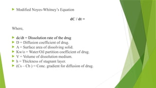  Modified Noyes-Whitney’s Equation
dC / dt =
Where,
 dc/dt = Dissolution rate of the drug
 D = Diffusion coefficient of drug.
 A = Surface area of dissolving solid.
 Kw/o = Water/Oil partition coefficient of drug.
 V = Volume of dissolution medium.
 h = Thickness of stagnant layer.
 (Cs – Cb ) = Conc. gradient for diffusion of drug.
 