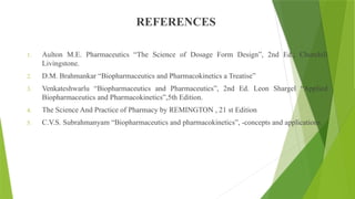 REFERENCES
1. Aulton M.E. Pharmaceutics “The Science of Dosage Form Design”, 2nd Ed.; Churchill
Livingstone.
2. D.M. Brahmankar “Biopharmaceutics and Pharmacokinetics a Treatise”
3. Venkateshwarlu “Biopharmaceutics and Pharmaceutics”, 2nd Ed. Leon Shargel “Applied
Biopharmaceutics and Pharmacokinetics”,5th Edition.
4. The Science And Practice of Pharmacy by REMINGTON , 21 st Edition
5. C.V.S. Subrahmanyam “Biopharmaceutics and pharmacokinetics”, -concepts and applications.
 