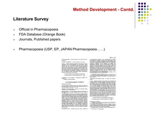 Method Development - Contd.
Literature Survey
 Official in Pharmacopoeia
 FDA Database (Orange Book)
 Journals, Published papers
 Pharmacopoeia (USP, EP, JAPAN Pharmacopoeia……)
 