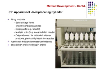 Method Development - Contd.
USP Apparatus 3 - Reciprocating Cylinder
 Drug products
– Solid dosage forms
(mostly nondisintegrating)
– Single units (e.g. tablets)
– Multiple units (e.g. encapsulated beads)
– Originally used for extended release
products, particularly beads in capsules
 Generates fractionated dissolution results
 Dissolution profile versus pH profile
 