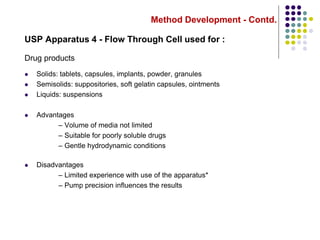Method Development - Contd.
USP Apparatus 4 - Flow Through Cell used for :
Drug products
 Solids: tablets, capsules, implants, powder, granules
 Semisolids: suppositories, soft gelatin capsules, ointments
 Liquids: suspensions
 Advantages
– Volume of media not limited
– Suitable for poorly soluble drugs
– Gentle hydrodynamic conditions
 Disadvantages
– Limited experience with use of the apparatus*
– Pump precision influences the results
 