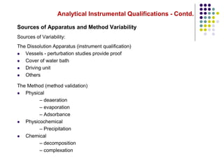 Analytical Instrumental Qualifications - Contd.
Sources of Apparatus and Method Variability
Sources of Variability:
The Dissolution Apparatus (instrument qualification)
 Vessels - perturbation studies provide proof
 Cover of water bath
 Driving unit
 Others
The Method (method validation)
 Physical
– deaeration
– evaporation
– Adsorbance
 Physicochemical
– Precipitation
 Chemical
– decomposition
– complexation
 
