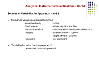 Analytical Instrumental Qualifications - Contd.
Sources of Variability for Apparatus 1 and 2
 Mechanical variables not precisely defined
Vessel verticality vertical
Shaft wobble without significant wobble
Vessel dimensions cylindrical with a hemispherical bottom 1L
vessels: diameter: 98mm - 106mm
height: 160mm - 210mm
Vibrations not significant
 Variability due to the “sample preparation”
Amount of dissolved gasses/air
 