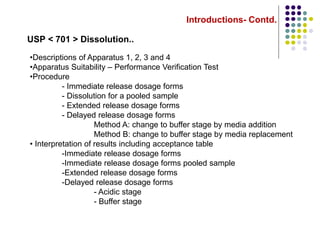 Introductions- Contd.
USP < 701 > Dissolution..
•Descriptions of Apparatus 1, 2, 3 and 4
•Apparatus Suitability – Performance Verification Test
•Procedure
- Immediate release dosage forms
- Dissolution for a pooled sample
- Extended release dosage forms
- Delayed release dosage forms
Method A: change to buffer stage by media addition
Method B: change to buffer stage by media replacement
• Interpretation of results including acceptance table
-Immediate release dosage forms
-Immediate release dosage forms pooled sample
-Extended release dosage forms
-Delayed release dosage forms
- Acidic stage
- Buffer stage
 