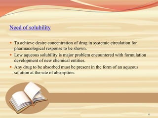 Need of solubility
 To achieve desire concentration of drug in systemic circulation for
pharmacological response to be shown.
 Low aqueous solubility is major problem encountered with formulation
development of new chemical entities.
 Any drug to be absorbed must be present in the form of an aqueous
solution at the site of absorption.
12
 