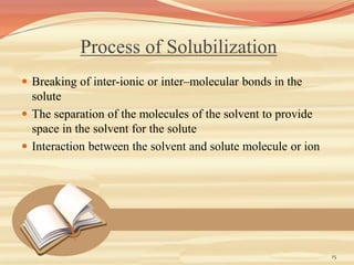 Process of Solubilization
 Breaking of inter-ionic or inter–molecular bonds in the
solute
 The separation of the molecules of the solvent to provide
space in the solvent for the solute
 Interaction between the solvent and solute molecule or ion
15
 
