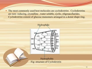 34
 The most commonly used host molecules are cyclodextrins . Cyclodextrins
are non- reducing, crystalline , water soluble, cyclic, oligosaccharides.
Cyclodextrins consist of glucose monomers arranged in a donut shape ring.
Hydrophilic
Hydrophobic
Fig: structure of Cyclodextrin
 
