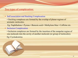 Two types of complexation:
 Self association and Stacking Complexation
• Stacking complexes are formed by the overlap of planar regions of
aromatic molecules.
Eg: Naphthalene • Pyrene • Benzoic acid • Methylene blue • Caffeine etc.
 Inclusion Complexation
• Inclusion complexes are formed by the insertion of the nonpolar region of
one molecule into the cavity of another molecule (or group of molecules).
Eg: Cyclodextrins
36
 