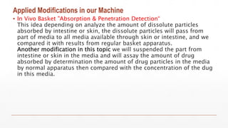 Applied Modifications in our Machine
▪ In Vivo Basket "Absorption & Penetration Detection“
This idea depending on analyze the amount of dissolute particles
absorbed by intestine or skin, the dissolute particles will pass from
part of media to all media available through skin or intestine, and we
compared it with results from regular basket apparatus.
Another modification in this topic we will suspended the part from
intestine or skin in the media and will assay the amount of drug
absorbed by determination the amount of drug particles in the media
by normal apparatus then compared with the concentration of the dug
in this media.
 