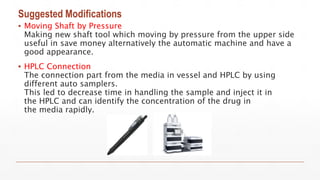 Suggested Modifications
▪ Moving Shaft by Pressure
Making new shaft tool which moving by pressure from the upper side
useful in save money alternatively the automatic machine and have a
good appearance.
▪ HPLC Connection
The connection part from the media in vessel and HPLC by using
different auto samplers.
This led to decrease time in handling the sample and inject it in
the HPLC and can identify the concentration of the drug in
the media rapidly.
 