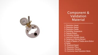 Component &
Validation
Material
1- Dissolution Vessel
2- Dissolution Basket
3- Dissolution Paddle
4- Controlling Temperature
5- Capsule Sinkers
6- Controlling Wobble
7- Level and Verticality Issues
8- Centering of Stirring Element
9- Height of Basket or Paddle above Bottom
of Vessel
10- Rotational Speed
11- Dissolution Filters
12- Dissolution Sampling
13- Commonly Used Dissolution Media
 