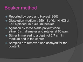 Beaker method
 Reported by Levy and Hayes(1960)
 Dissolution medium , 250 ml of 0.1 N HCl at
37۠ c placed in a 400 ml beaker
 Agitation by three blade polyethylene
stirrer,5 cm diameter and rotates at 60 rpm.
 Stirrer immersed to a depth of 2.7 cm in
medium and in the center
 Samples are removed and assayed for the
content.
 