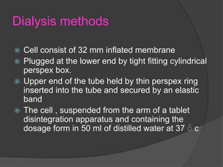 Dialysis methods
 Cell consist of 32 mm inflated membrane
 Plugged at the lower end by tight fitting cylindrical
perspex box.
 Upper end of the tube held by thin perspex ring
inserted into the tube and secured by an elastic
band
 The cell , suspended from the arm of a tablet
disintegration apparatus and containing the
dosage form in 50 ml of distilled water at 37 ۠ c
 