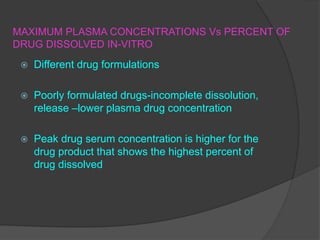 MAXIMUM PLASMA CONCENTRATIONS Vs PERCENT OF
DRUG DISSOLVED IN-VITRO
 Different drug formulations
 Poorly formulated drugs-incomplete dissolution,
release –lower plasma drug concentration
 Peak drug serum concentration is higher for the
drug product that shows the highest percent of
drug dissolved
 