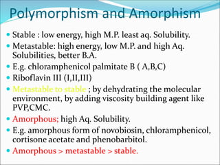 Polymorphism and Amorphism
 Stable : low energy, high M.P. least aq. Solubility.
 Metastable: high energy, low M.P. and high Aq.
Solubilities, better B.A.
 E.g. chloramphenicol palmitate B ( A,B,C)
 Riboflavin III (I,II,III)
 Metastable to stable ; by dehydrating the molecular
environment, by adding viscosity building agent like
PVP,CMC.
 Amorphous; high Aq. Solubility.
 E.g. amorphous form of novobiosin, chloramphenicol,
cortisone acetate and phenobarbitol.
 Amorphous > metastable > stable.
 