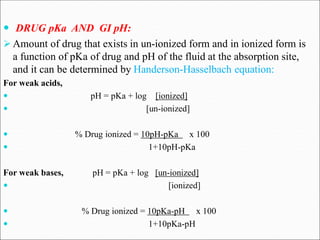  DRUG pKa AND GI pH:
 Amount of drug that exists in un-ionized form and in ionized form is
a function of pKa of drug and pH of the fluid at the absorption site,
and it can be determined by Handerson-Hasselbach equation:
For weak acids,
 pH = pKa + log [ionized]
 [un-ionized]
 % Drug ionized = 10pH-pKa x 100
 1+10pH-pKa
For weak bases, pH = pKa + log [un-ionized]
 [ionized]
 % Drug ionized = 10pKa-pH x 100
 1+10pKa-pH
 