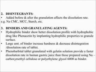 2. DISINTEGRANTS:
• Added before & after the granulation affects the dissolution rate.
e.g. Na CMC, MCC, Starch, etc.
3. BINDERS AND GRANULATING AGENTS:
• Hydrophilic binder show better dissolution profile with hydrophobic
drug like Phenacetin by implanting hydrophilic properties to granule
surface.
• Large amt. of binder increase hardness & decrease disintegration
/dissolution rate of tablet.
• Phenobarbital tablet granulated with gelatin solution provide a faster
dissolution rate in human gastric juice than those prepared using Na –
carboxymethyl cellulose or polyethylene glycol 6000 as binder.
 