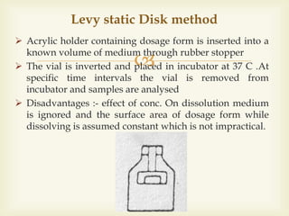 
 Acrylic holder containing dosage form is inserted into a
known volume of medium through rubber stopper
 The vial is inverted and placed in incubator at 37 C .At
specific time intervals the vial is removed from
incubator and samples are analysed
 Disadvantages :- effect of conc. On dissolution medium
is ignored and the surface area of dosage form while
dissolving is assumed constant which is not impractical.
Levy static Disk method
 