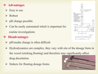  Advantages
 Easy to use
 Robust
 pH change possible
 Can be easily automated which is important for
routine investigations
 Disadvantages
 pH/media change is often difficult
 Hydrodynamics are complex, they vary with site of the dosage form in
the vessel (sticking,floating) and therefore may significantly affect
drug dissolution
 Sinkers for floating dosage forms
 