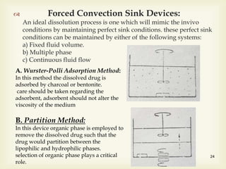  Forced Convection Sink Devices:
An ideal dissolution process is one which will mimic the invivo
conditions by maintaining perfect sink conditions. these perfect sink
conditions can be maintained by either of the following systems:
a) Fixed fluid volume.
b) Multiple phase
c) Continuous fluid flow
24
A. Wurster-Polli Adsorption Method:
In this method the dissolved drug is
adsorbed by charcoal or bentonite.
care should be taken regarding the
adsorbent, adsorbent should not alter the
viscosity of the medium
B. Partition Method:
In this device organic phase is employed to
remove the dissolved drug such that the
drug would partition between the
lipophilic and hydrophilic phases.
selection of organic phase plays a critical
role.
 