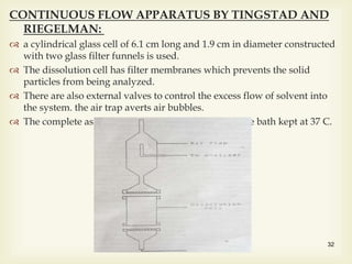 CONTINUOUS FLOW APPARATUS BY TINGSTAD AND
RIEGELMAN:
 a cylindrical glass cell of 6.1 cm long and 1.9 cm in diameter constructed
with two glass filter funnels is used.
 The dissolution cell has filter membranes which prevents the solid
particles from being analyzed.
 There are also external valves to control the excess flow of solvent into
the system. the air trap averts air bubbles.
 The complete assembly is immersed in a temperature bath kept at 37 C.
32
 