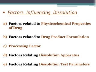  Factors Influencing Dissolution
a) Factors related to Physicochemical Properties
of Drug
b) Factors related to Drug Product Formulation
c) Processing Factor
d) Factors Relating Dissolution Apparatus
e) Factors Relating Dissolution Test Parameters
 